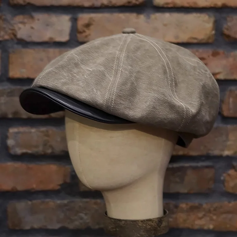 Vintage Waxed Canvas Leather Brim Octagonal Newsboy Cap