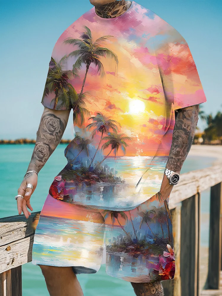 Men's Vacation Beach Scenery Coconut Trees Art Print T-Shirt Shorts Set