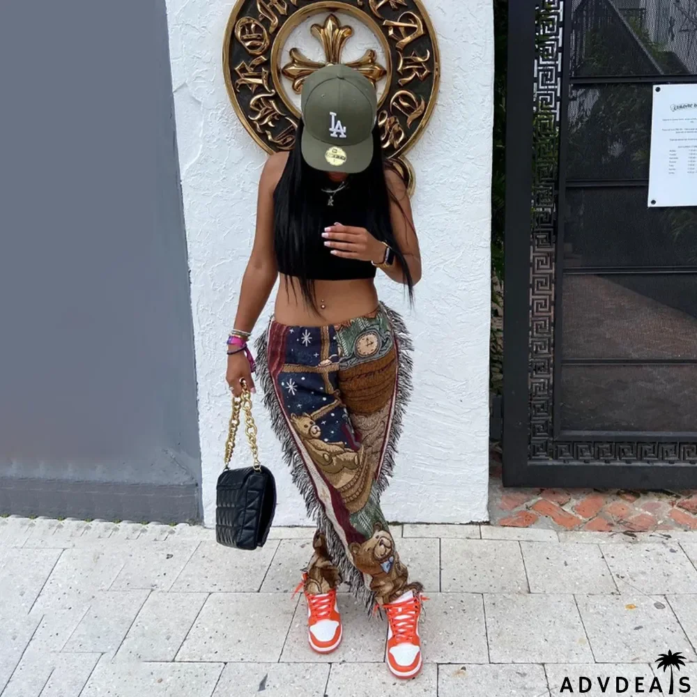 Casual Fashion Color Pattern Fringed Velvet Pants