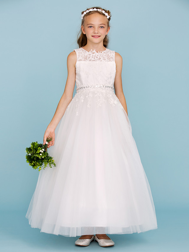 Dresseswow Ball Gown Crew Neck Ankle Length Lace Tulle Flower Girl Dress With Sash Ribbon Beading Appliques
