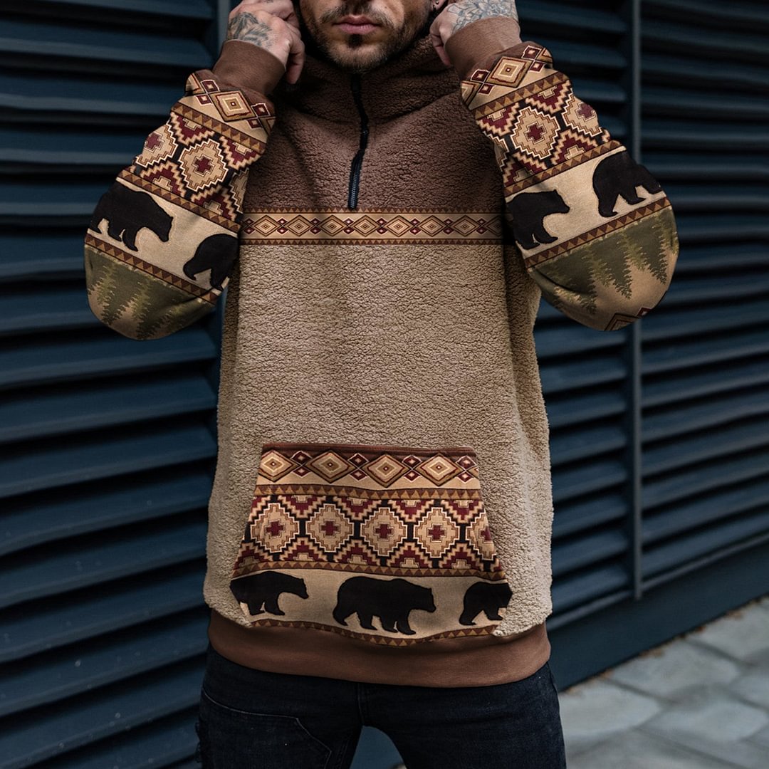 Retro Men's Casual Bear Geometric Ethnic Print Collage Sherpa Hoodie