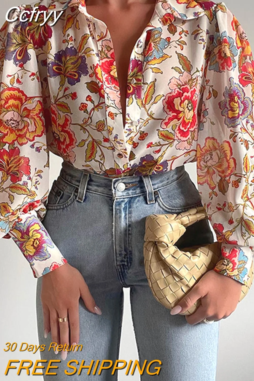 huibahe Flower Print Shirt Blouses For Women Spring Autumn Lantern Sleeve Lapel Button Shirts Elegant Office Ladies Casual Tops