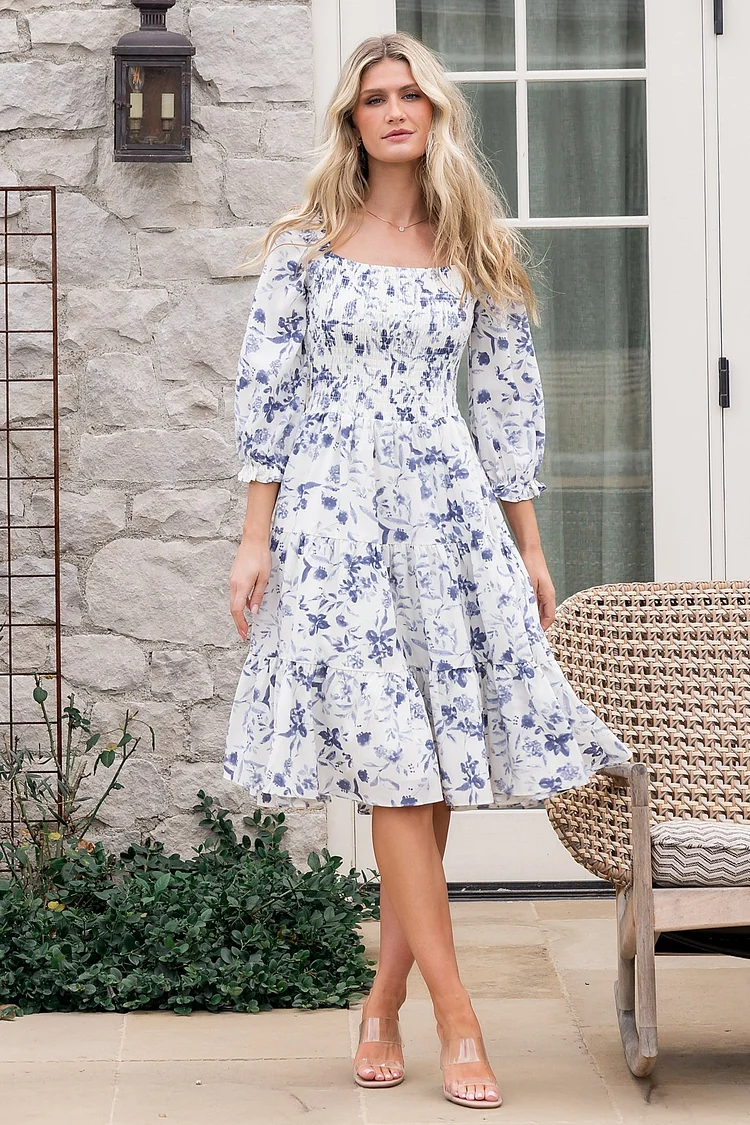 Smocked Floral Midi Dress - White and Blue