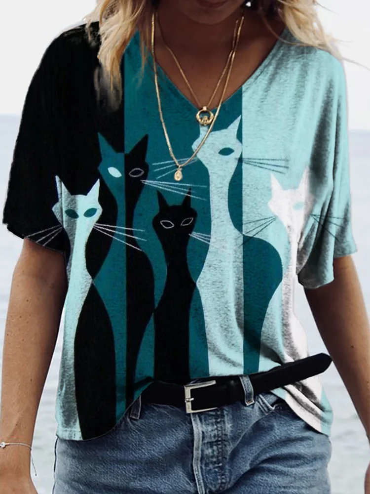 Colorblock Cats Art V Neck T Shirt