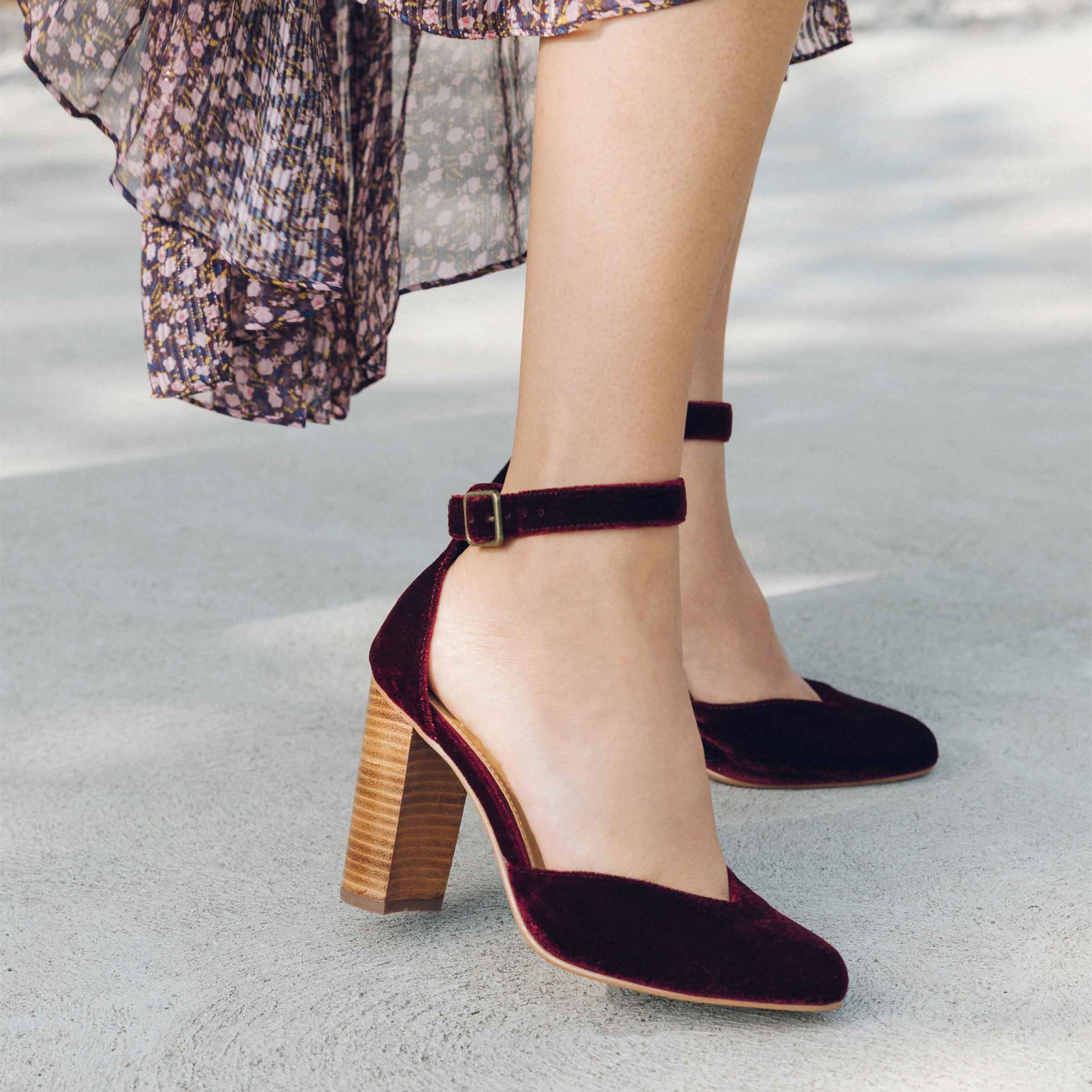 GOOSHOE Maroon Velvet Round Toe Chunky Heel Ankle Strap Pumps