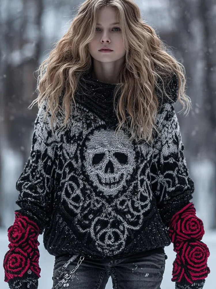Women's Vintage Skull And Red Rose Distressed Long-sleeved Hooded Sweater