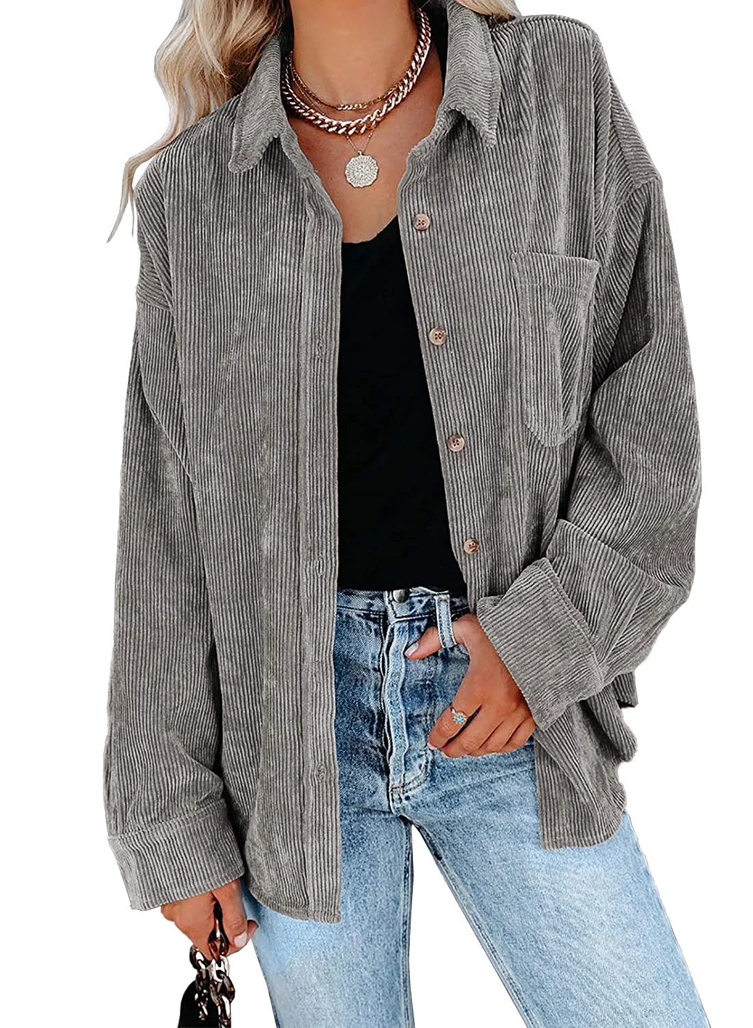 MIHOLL Women Corduroy Long Sleeve Button Down Collared Shirt Jacket Tops