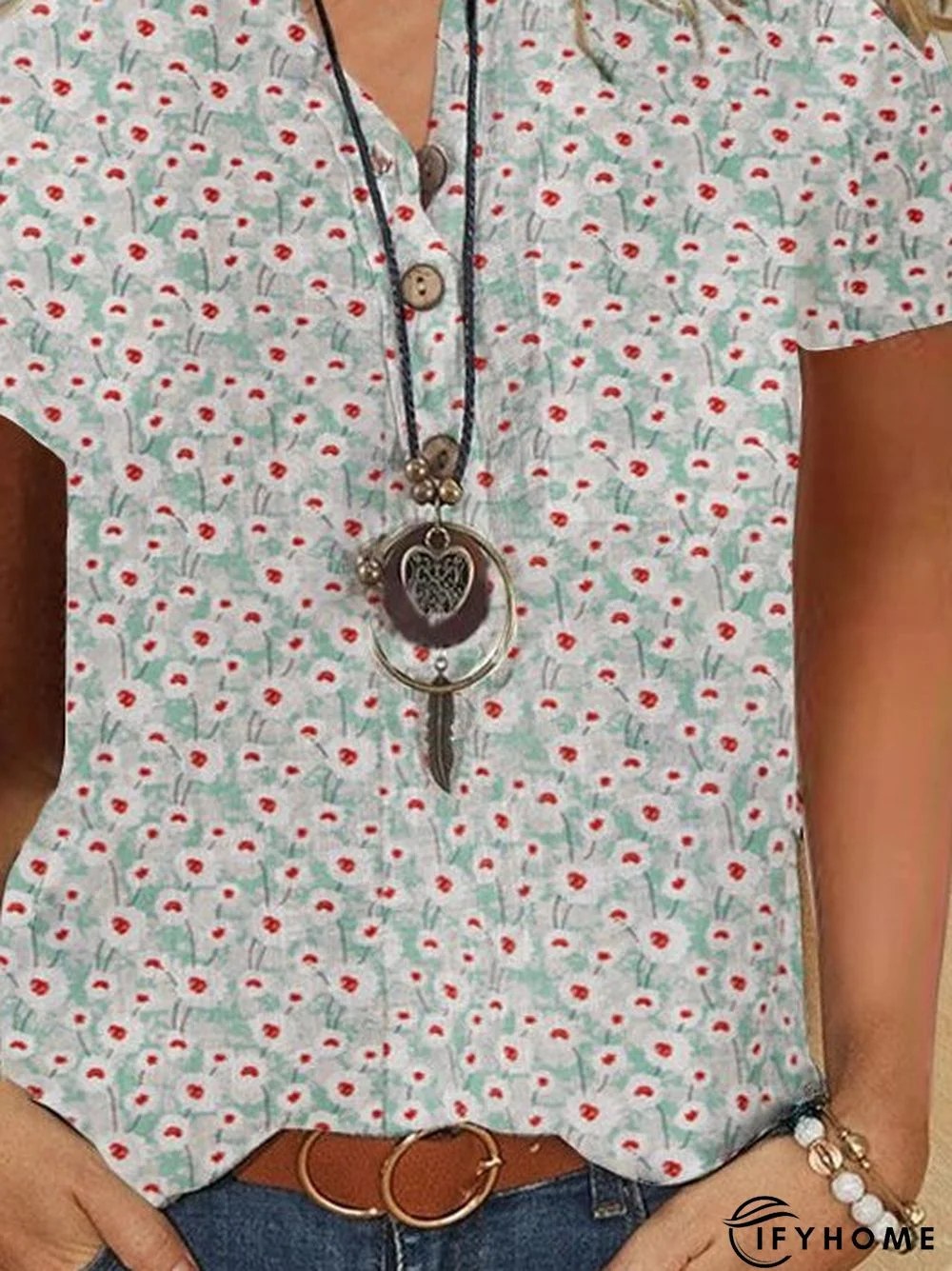 Casual Shirt Collar Short Sleeve Floral Blouse | IFYHOME