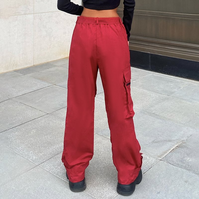WIDE BELTED RED CARGO PANTS