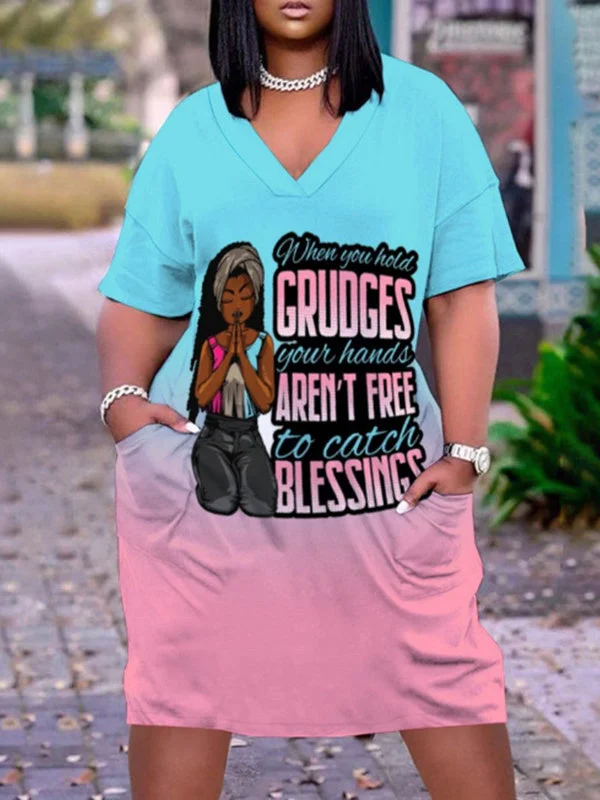 Digital Print V-Neck Casual Pocket Dress