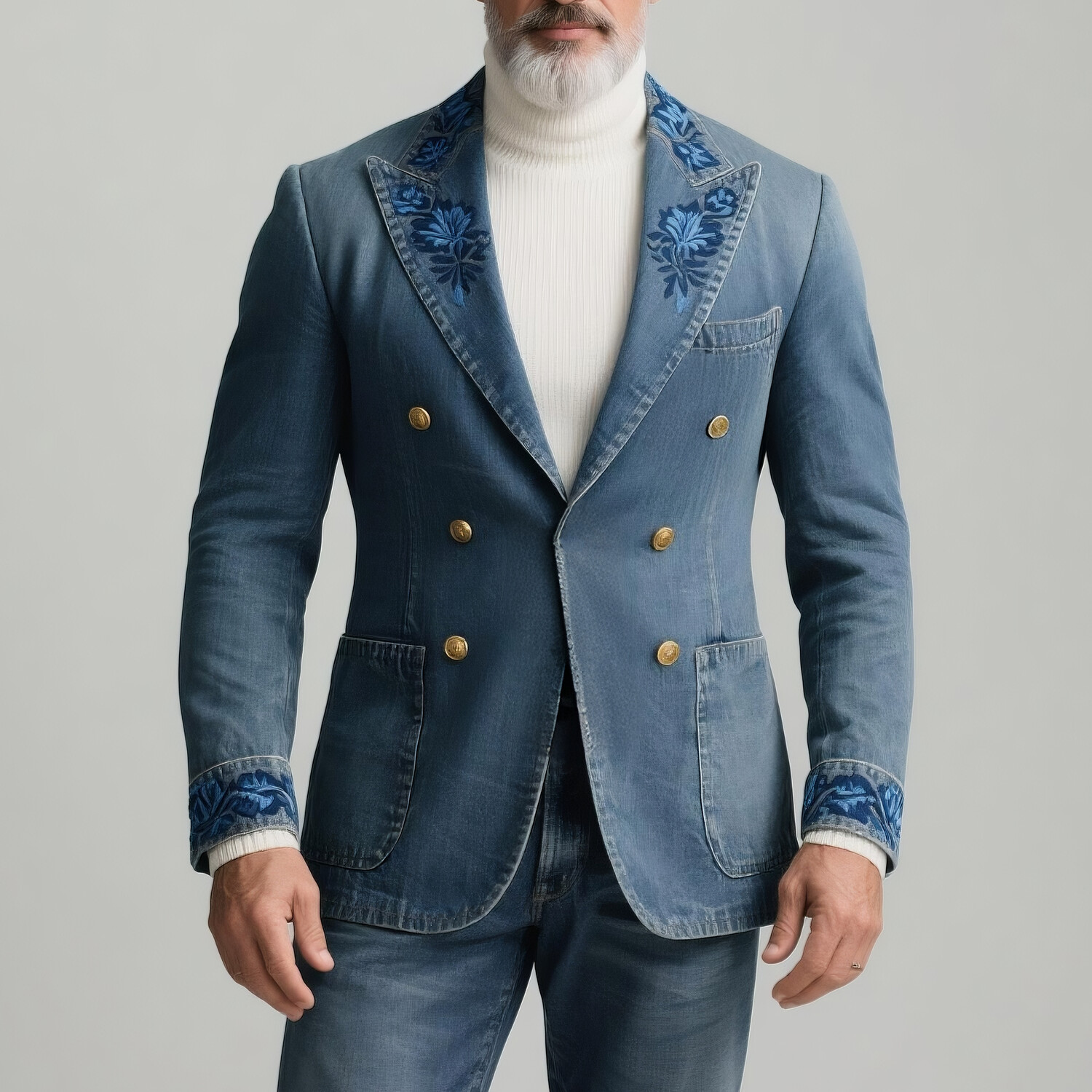 Men's Denim Peaked Lapel Double Breasted Long Sleeve Floral Embroidery Blazer