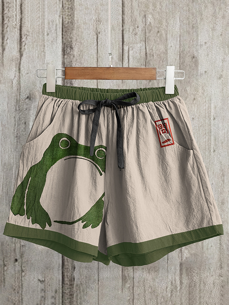 Comstylish Casual Cute Frog Japanese Lino Art Painting Print Loose Shorts