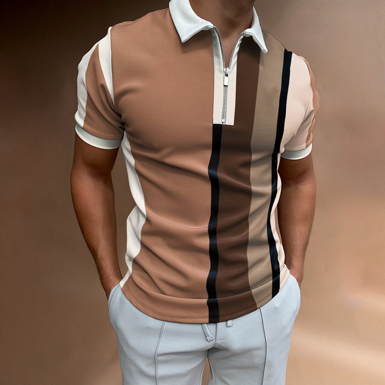 Street Wear Striped Print Casual Short Sleeve Zipper Men's Polo Shirts at Hiphopee