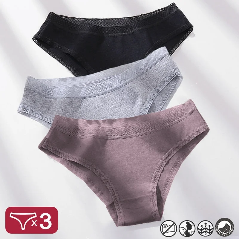 3PCS/Set Mesh Waistband Cotton Panties Women's Briefs Underwear Sexy Lingerie Panties Female Underpants Solid Color Girls Pantys