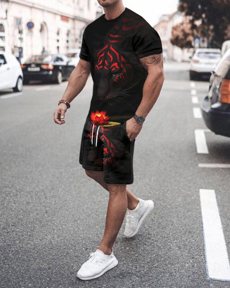 Men's Sport Tiger Printed  Shorts Suit