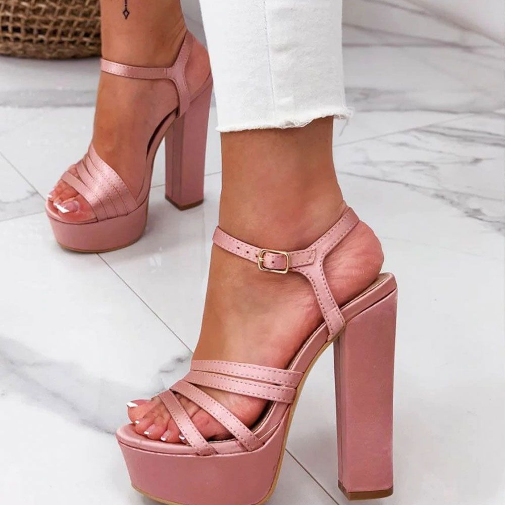 Satin Open Toe Ankle Strap Chunky Heel Platform Sandals in Pink Nicepairs
