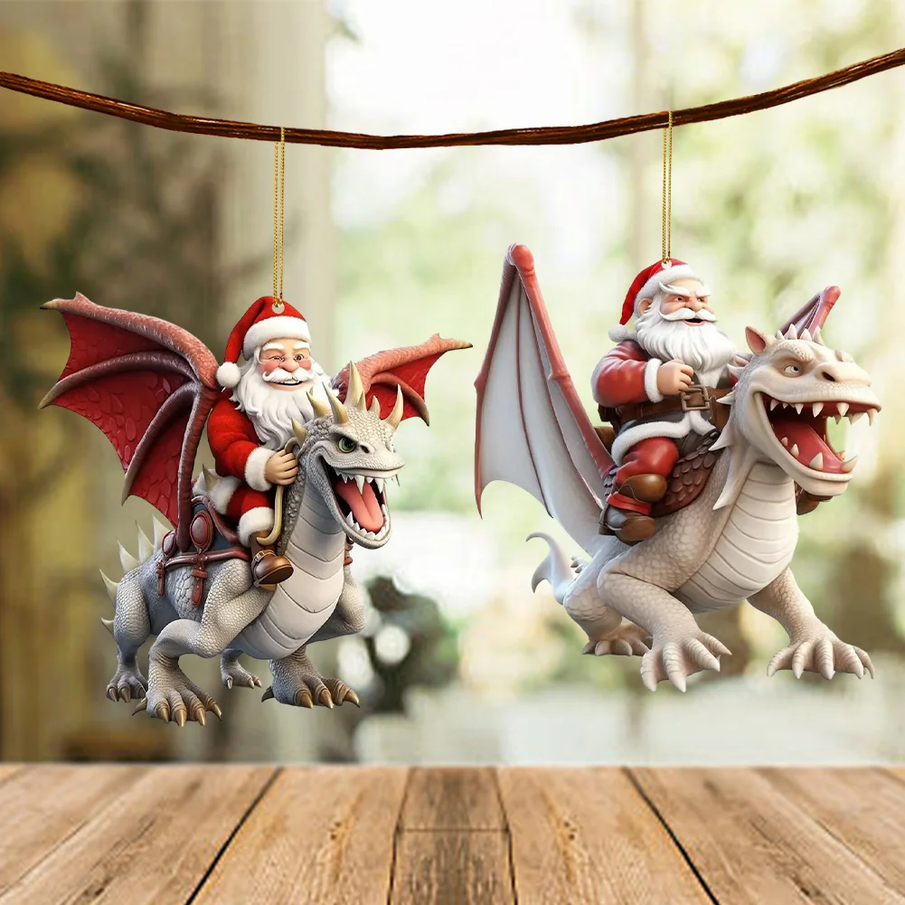2 PCS Acrylic Santa Flying Dragon 2D Flat Christmas Tree Car Hangings Ornament