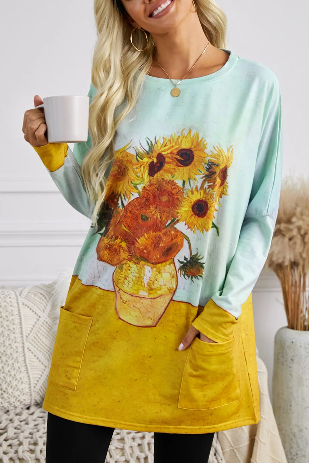 Sunflower Printing Long Sleeve Tunic Top With Two Side Pockets | IFYHOME