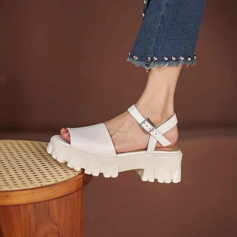 Vstacam  New Summer Women Sandals Peep Toe Thick Heel Shoes Women Casual Cow Leather Solid Platform Sandal  Wedges sandalias de tacon