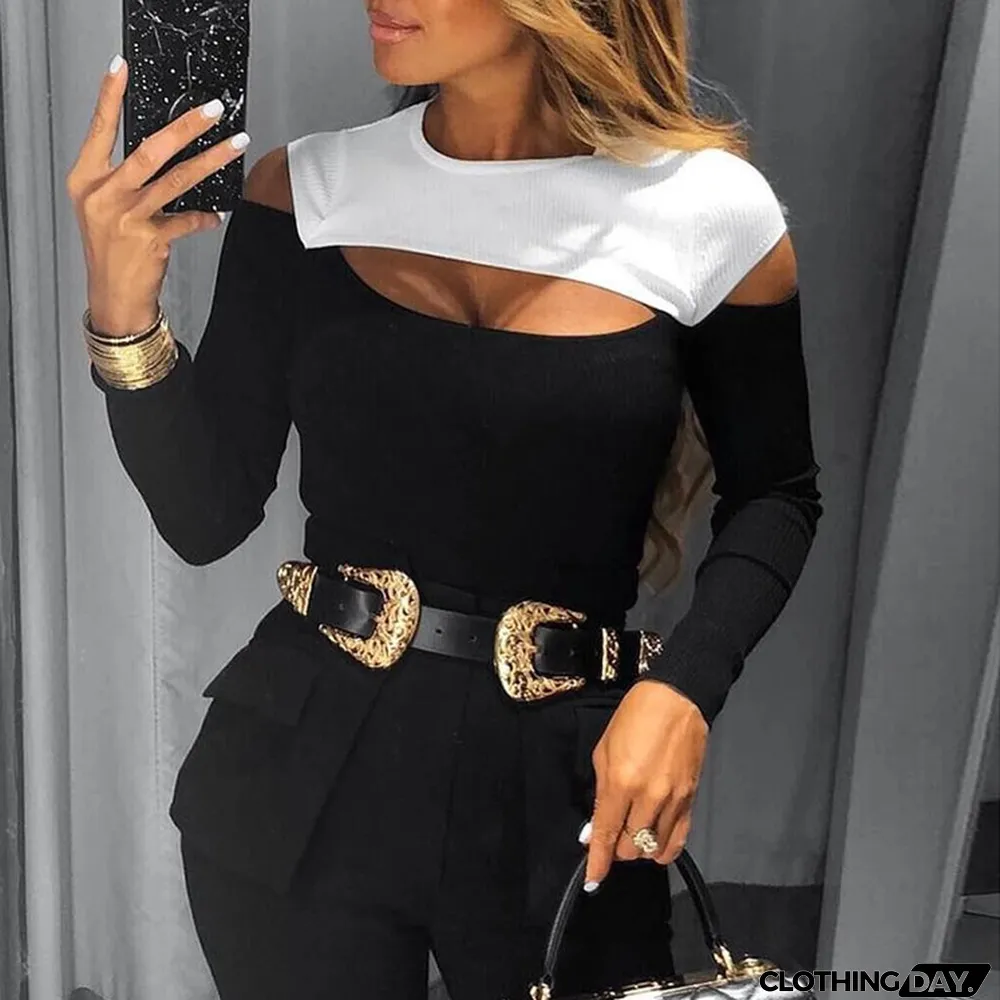 Women Contrast Cut Out Shoulder Long Sleeve T-Shirt