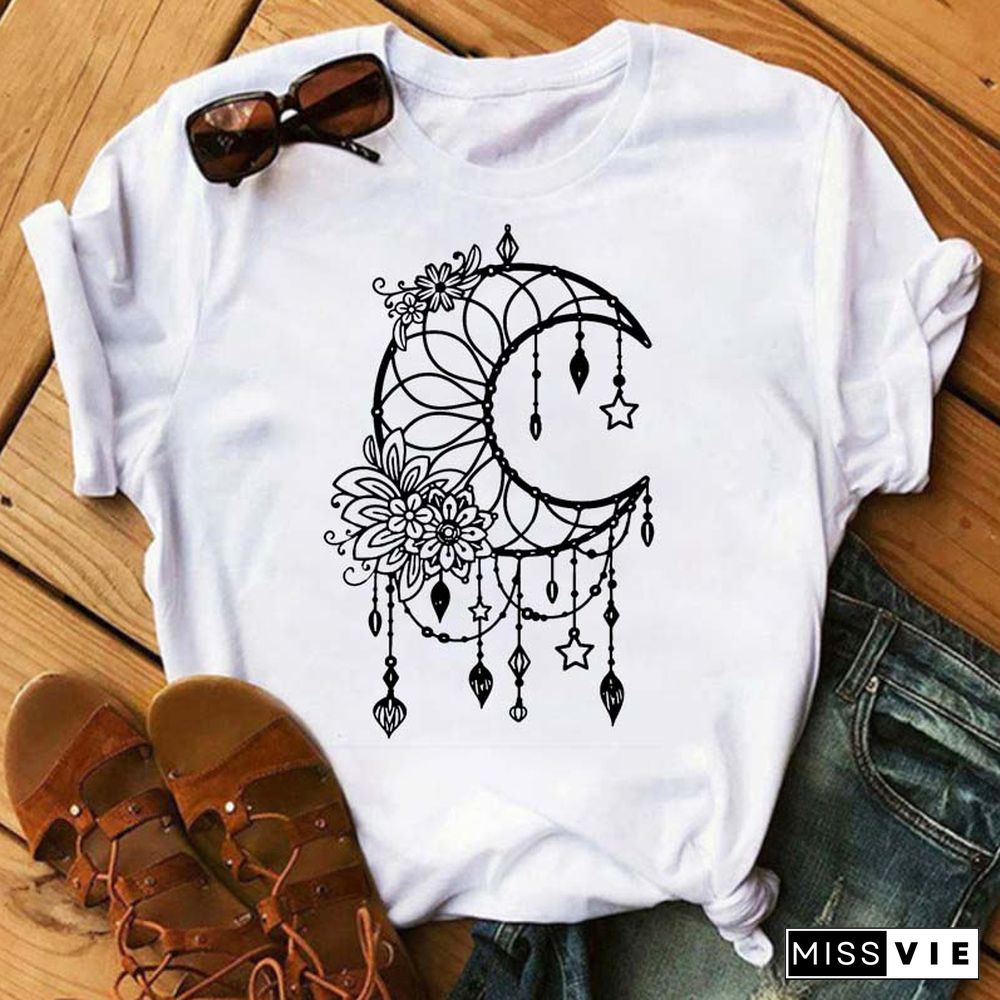 Maycaur Women Harajuku T Shirt New Moon Star Printed T Shirt O-Neck Summer Short Sleeve Tees Women Clothes Graphic T Shirts