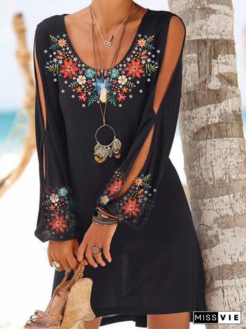 Cotton-Blend Floral Vintage Long Sleeve Weaving Dress