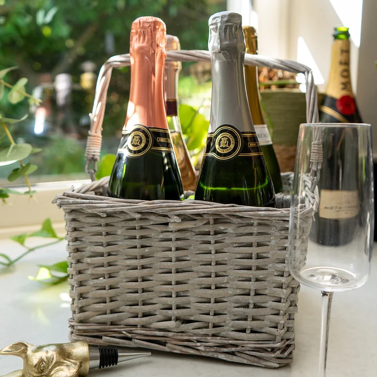 4 Wine Basket Holder With Ribbon & Cellophane (Folded Handle) - Grey Wash