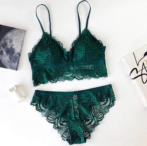 Wriufred Embroidery Green Lace Bralette Underwear Women Bra Sets Wire Free Bras Transparent Ultrathin Plus Size Lingerie Set