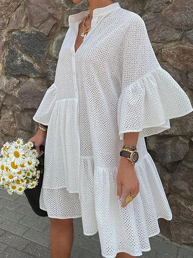 Women's Shift Dress Knee Length Dress - Half Sleeve Solid Color Button Summer V Neck Hot Casual Flare Cuff Sleeve Loose White Black White Dresses