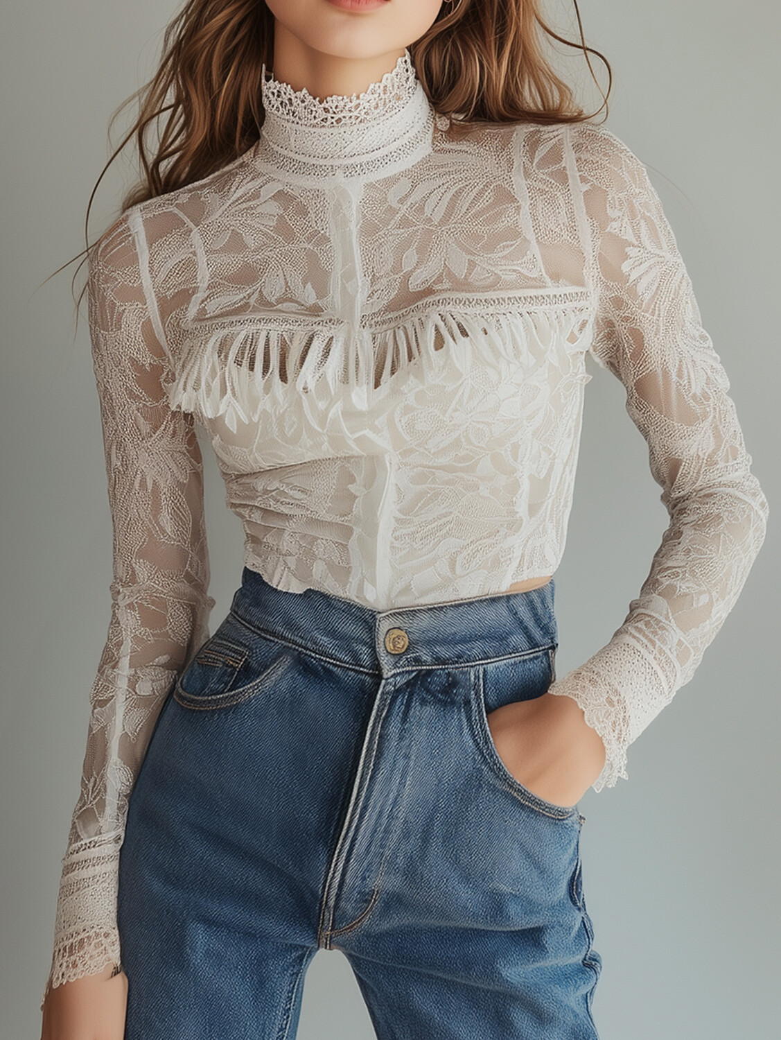 Ursime Lace See-Through Mock Neck Long Sleeve Blouse