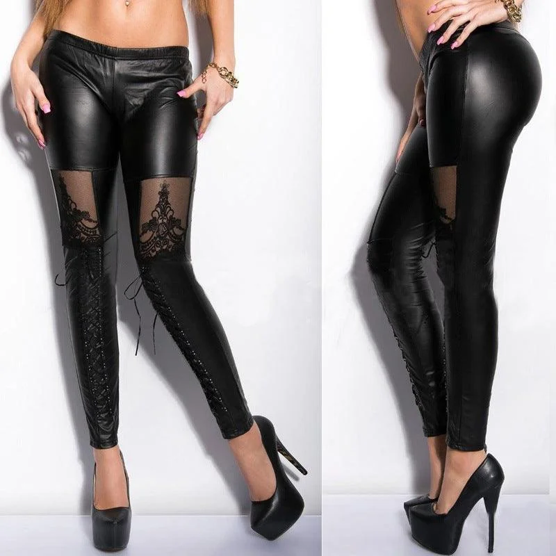 Punk Black Leather Lace Leggings