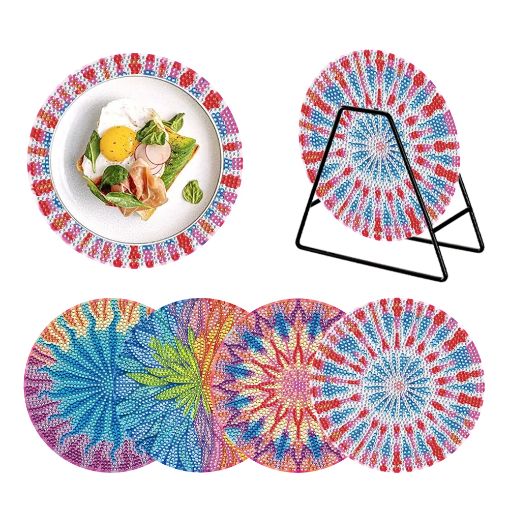 4 PCS DIY Fractal Art Acrylic Diamond Painted Placemats with Holder