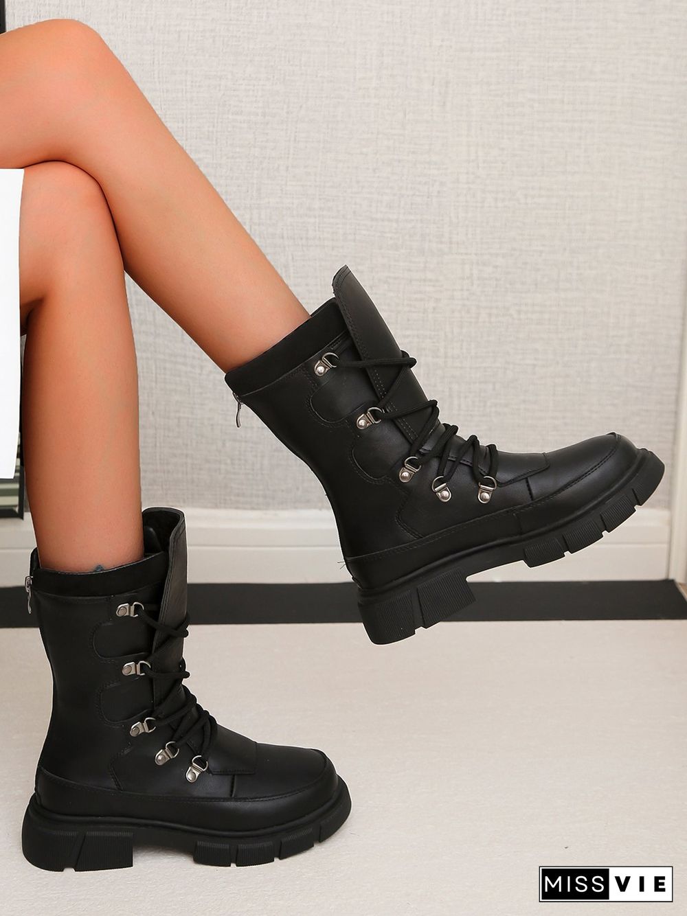 Vintage Contrast Lace-Up Tall Chunky Heel Outdoor Boots