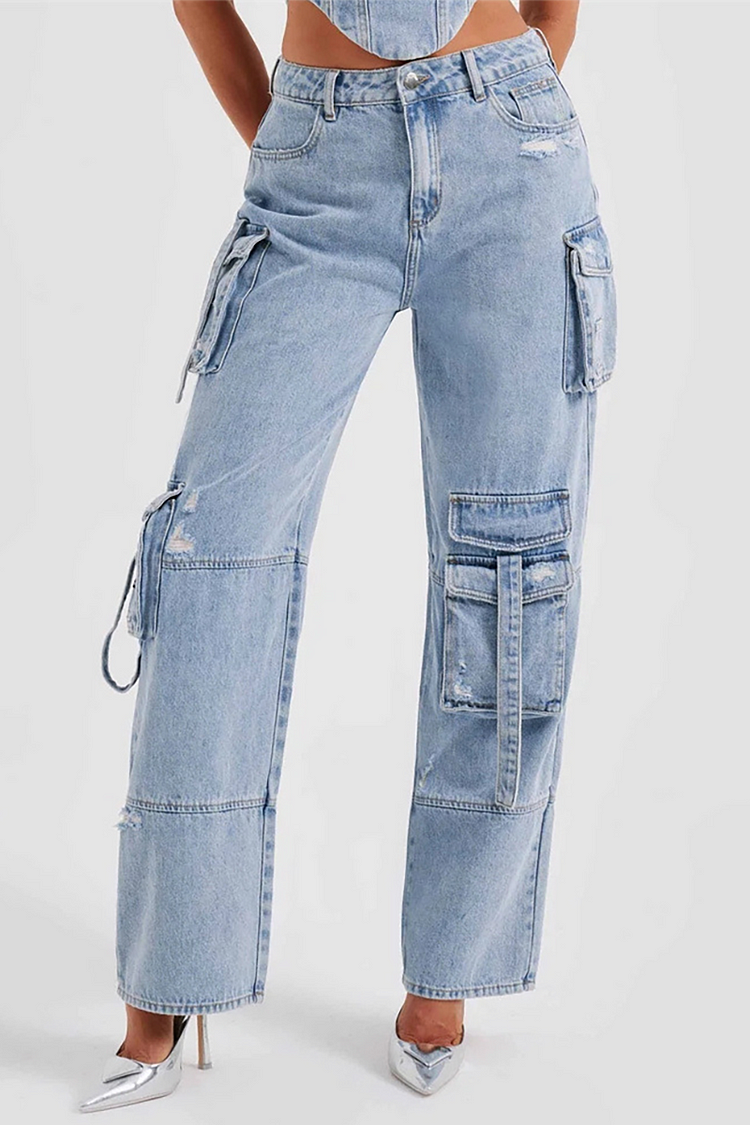 Denim Strapless Irregular Crop Corset Pockets Straight Leg Cargo Jeans Matching Set-Blue