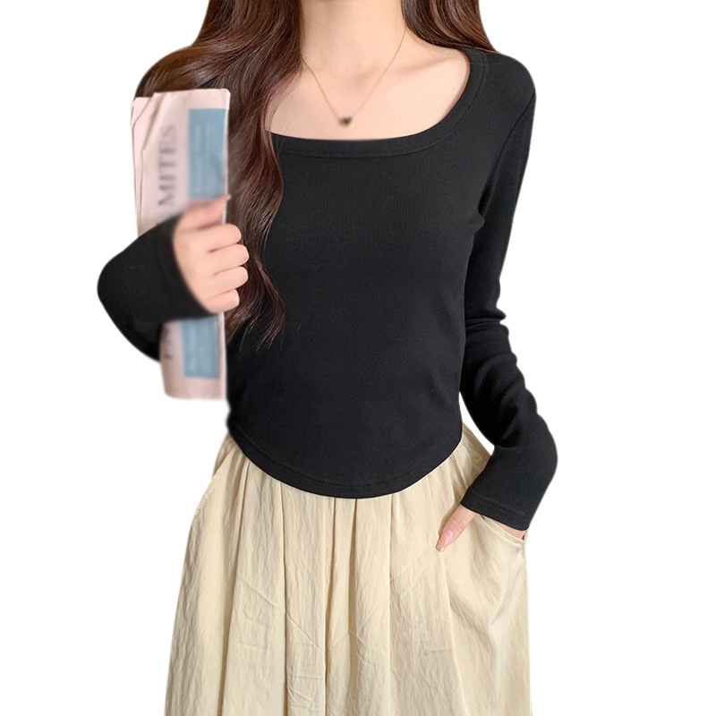 Women's long sleeved Underlay Shirt Large neckline Curved hem with long sleeves T-shirt