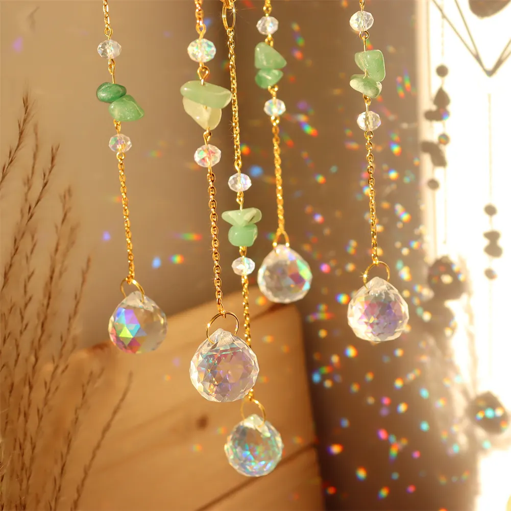 Crystal Wind Chimes Natural Stone Prism Light Catcher Garden Decor (Green)