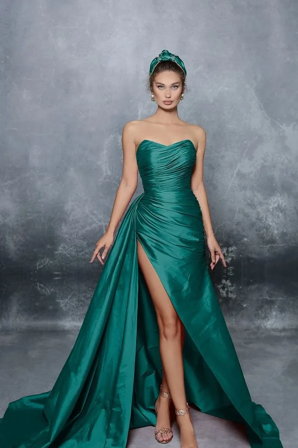 Luluslly Strapless Sleeveless Mermaid Evening Dress Split Long WIth Ruffles Pleats