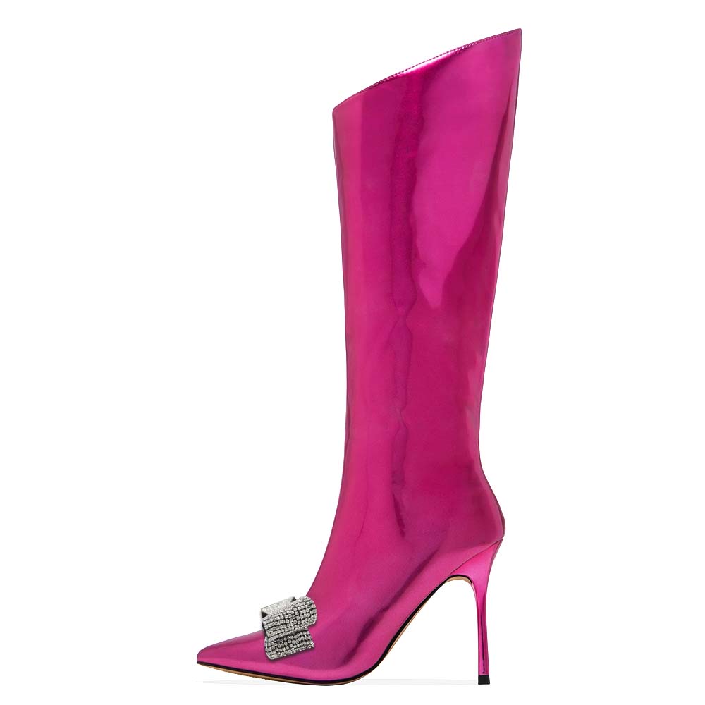 Metallic Fuchsia Stiletto Heel Knee High Boots with Rhinestone Bow Nicepairs