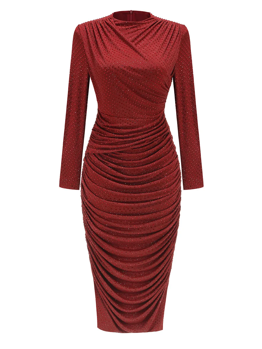 Zingj 2025 New Women's Dress Sexy Bag Hip Hot Diamond Fork Long Sleeve Dress