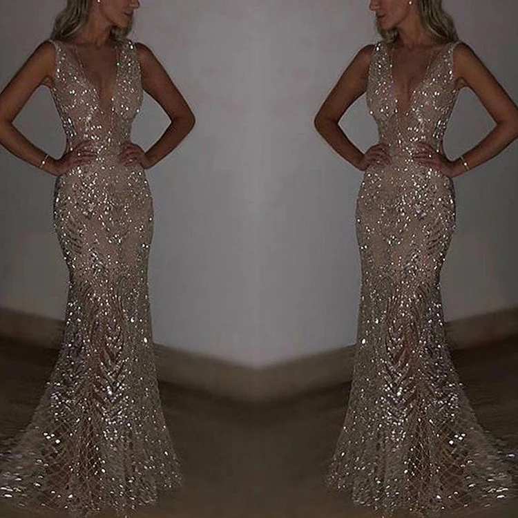 Sequins Deep V-Neck Sleeveless Mesh Maxi Dress - IRBOOM Fashion Clothing