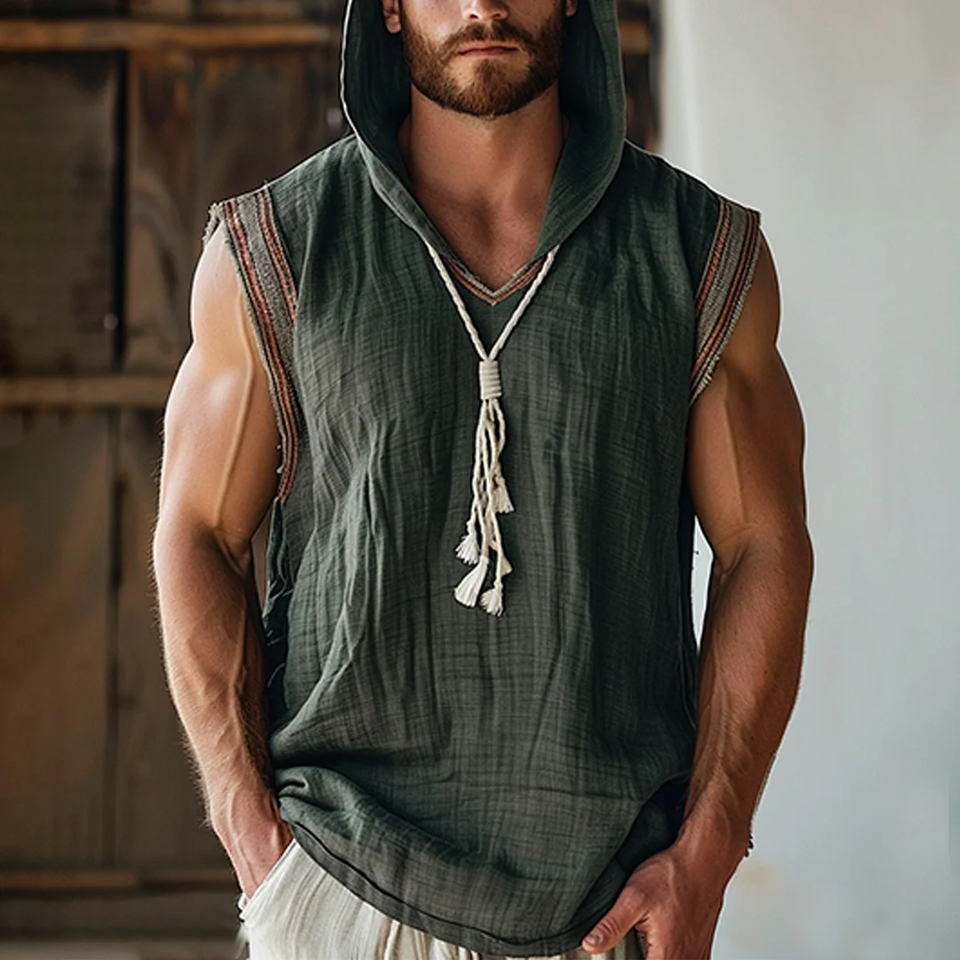 Mens N Ethnic Hooded Sleeveless Linen Shirt