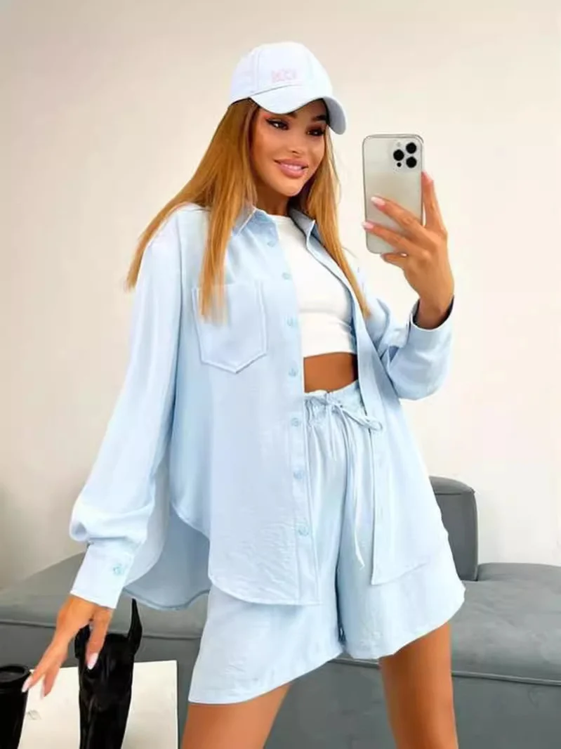 Nigikala Nigikala Women's Solid Color Single Row Buckle Long-Sleeved Shirt Loose Fashion Casual Shorts Set