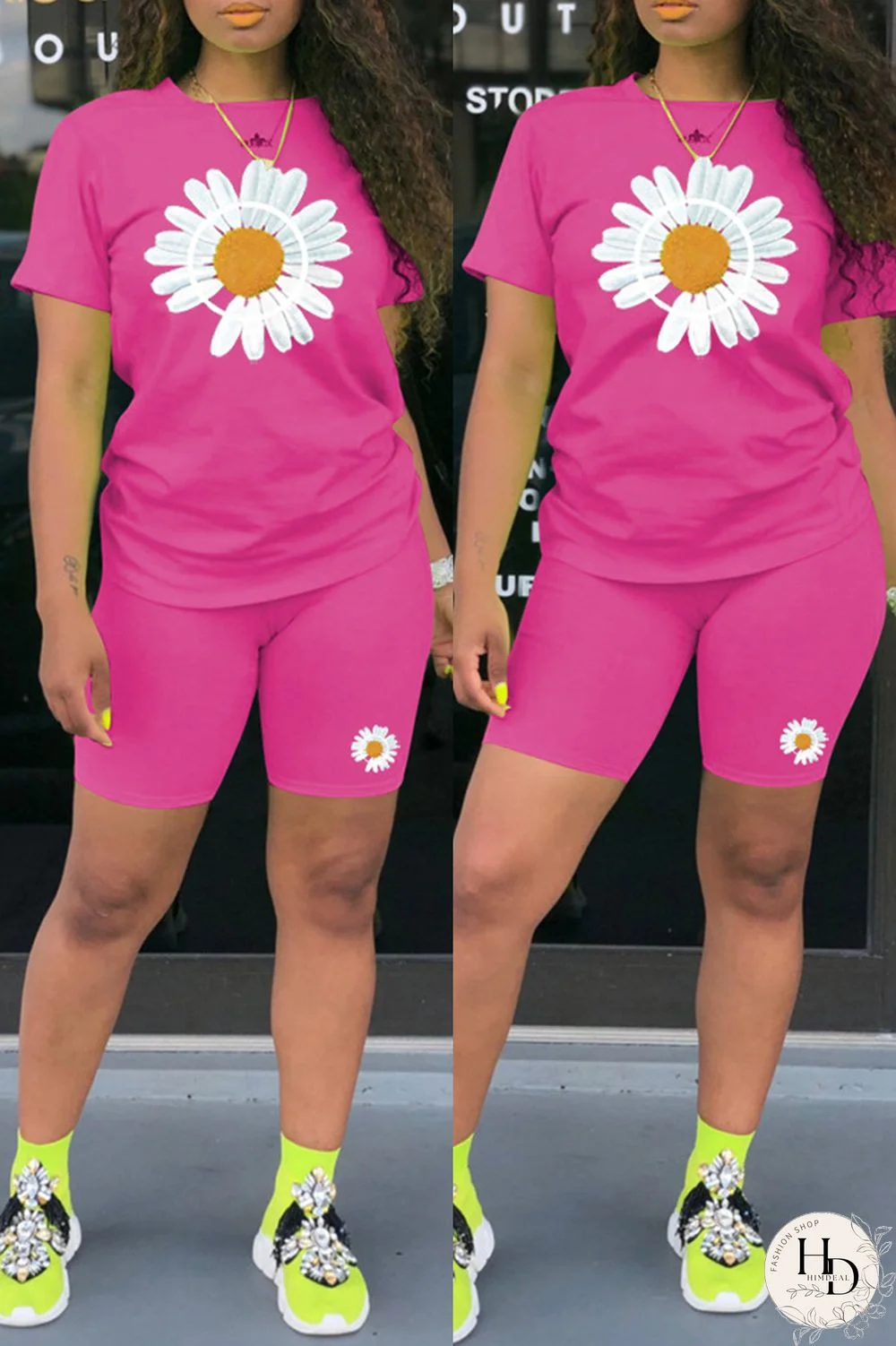 Black Fashion Casual Print Basic O Neck Short Sleeve Two Pieces