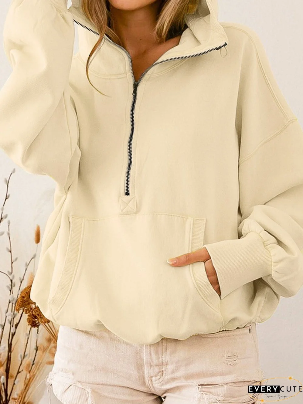 Cozy Beige Hooded Sweatshirt with Kangaroo Pocket and Zipper