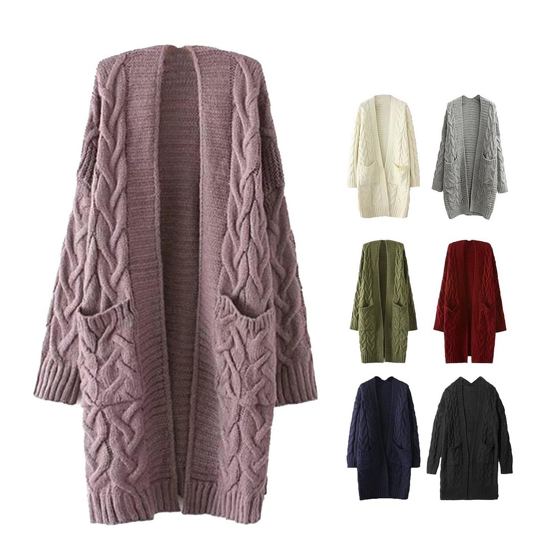 Women Autumn Winter Pockets Cardigan Long Sleeve Twist Knitted Mid-length Coat 2021