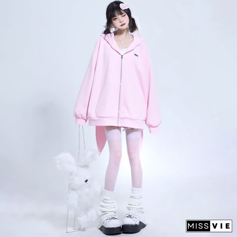 Long Bunny Ears Pocket Oversize Zipper Hooded Sweatshirt