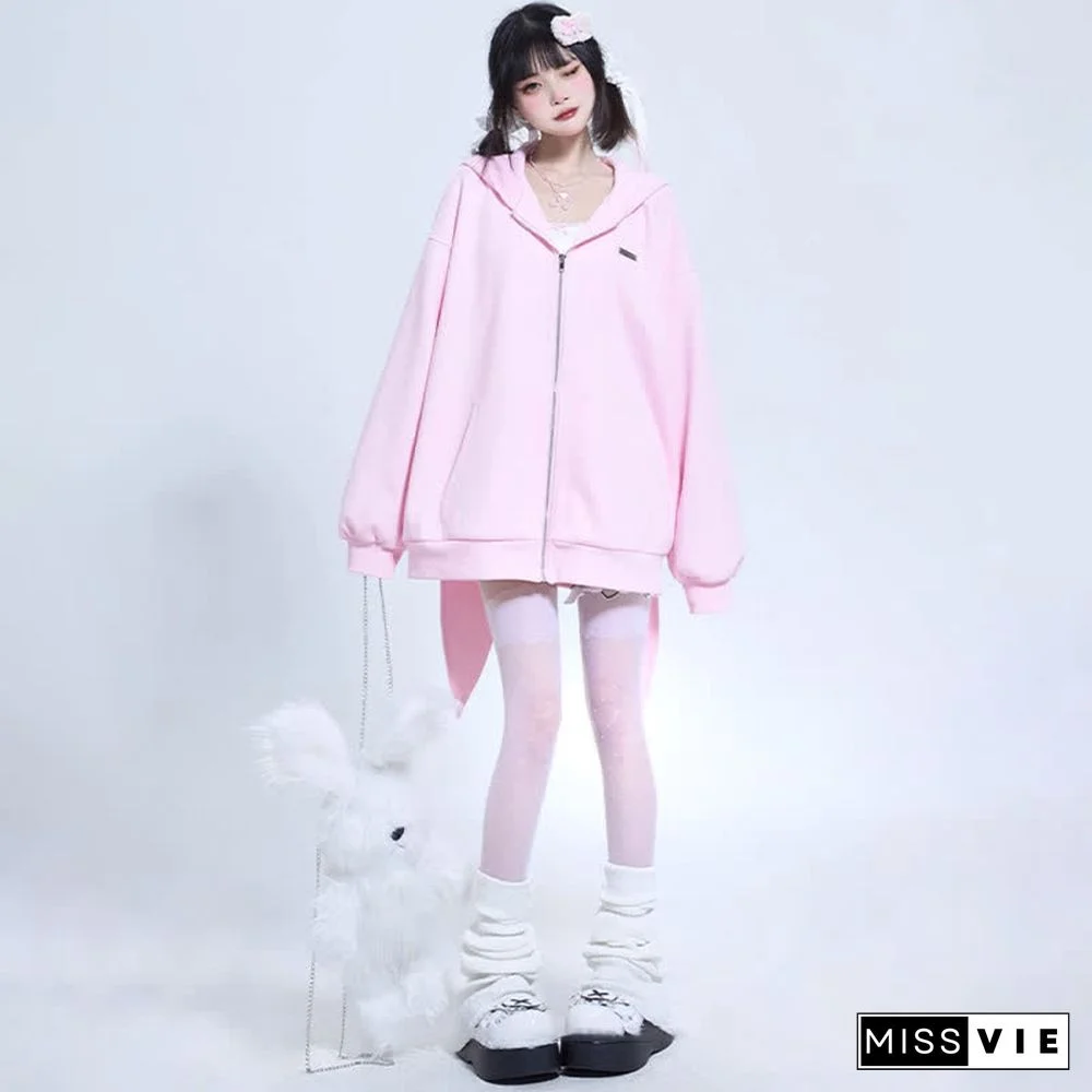 Long Bunny Ears Pocket Oversize Zipper Hooded Sweatshirt