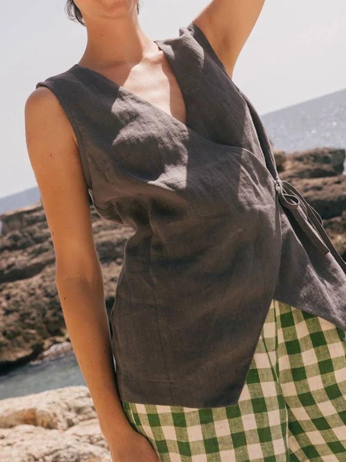 Women's cotton and linen casual lace-up sleeveless shirt