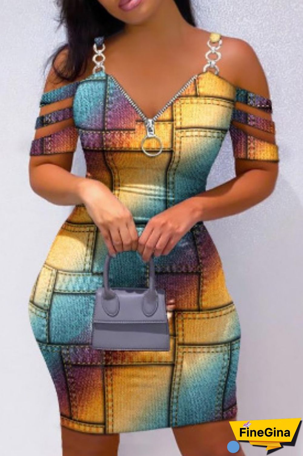 Colour Sexy Print Patchwork Backless V Neck Short Sleeve Dress Dresses