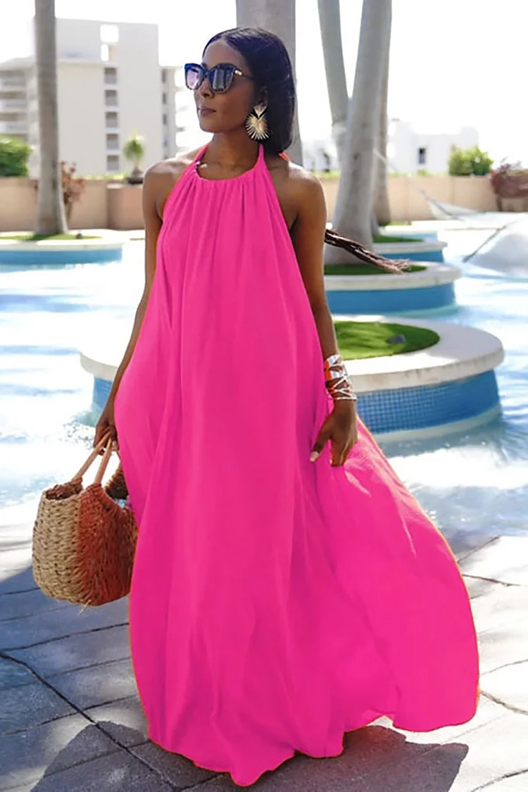 Halter Backless Pleated Sleeveless Casual Maxi Swing Dresses